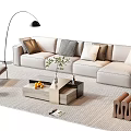 Modern Sofa Coffee Table Set With Light Colored Cushions Green Plant And Floor Lamp