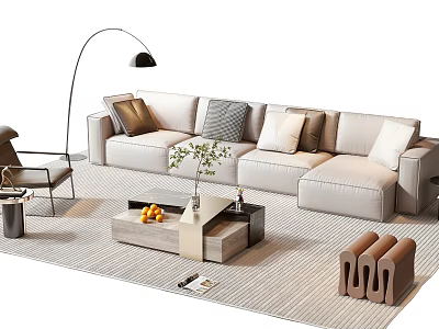 Modern Sofa Coffee Table Set With Light Colored Cushions Green Plant And Floor Lamp 3d model