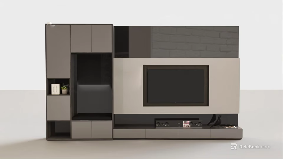Modern TV Wall Unit With Gray Cabinets Built in TV and Open Storage Shelves 3d model 