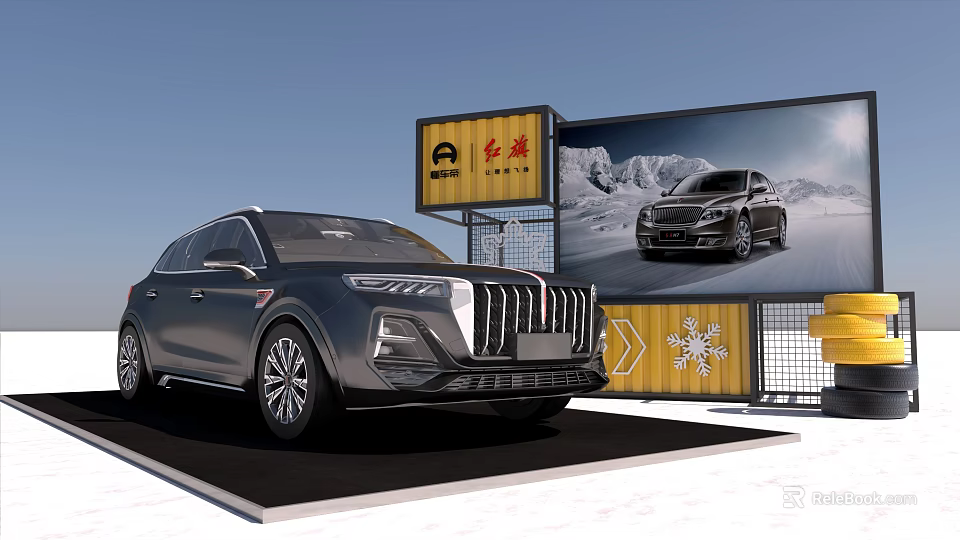 Hongqi Brand Billboard With Snow Mountain View And Snowflake Decorations Near Car Display Platform 3d model 