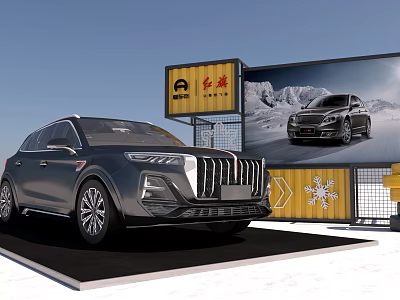 Hongqi Brand Billboard With Snow Mountain View And Snowflake Decorations Near Car Display Platform 3d model