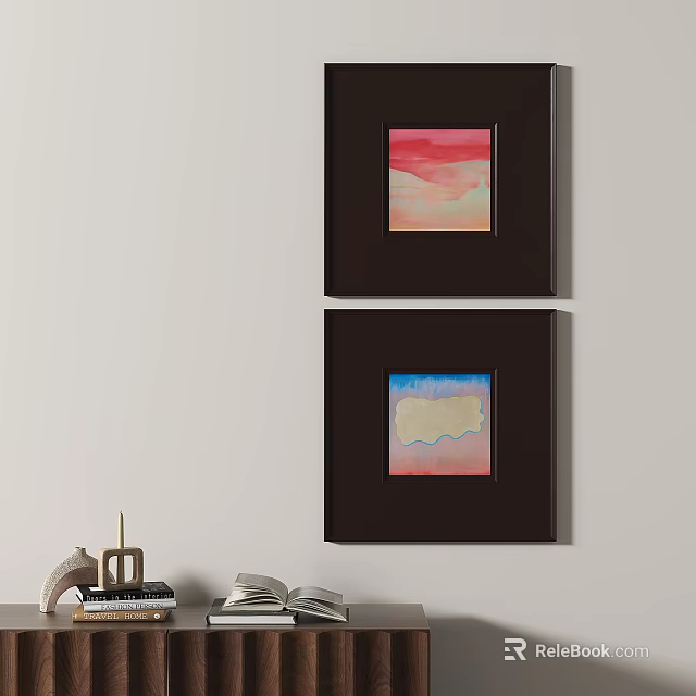Two Abstract Paintings With Dark Frames Red Pink Blue Tones Hanging On Wall Interior Decor 3d model