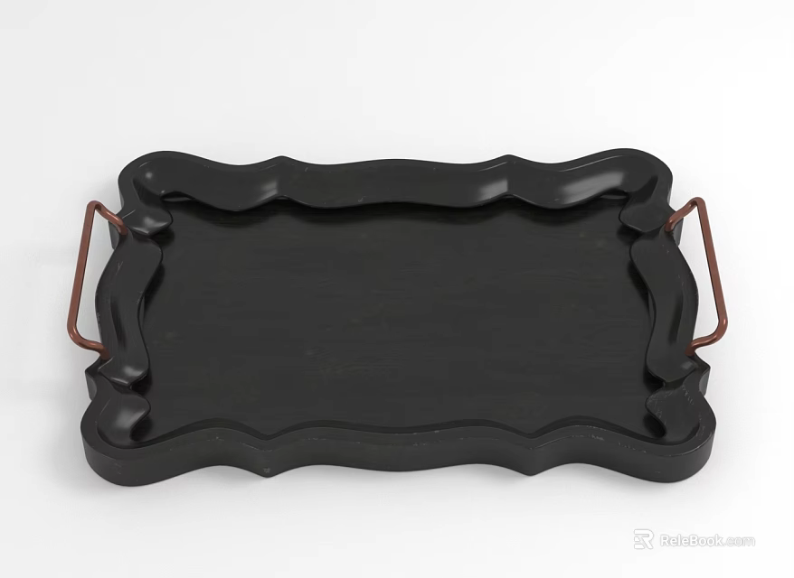 Elegant Black Decorative Tray With Scalloped Edges And Brass Handles 3d model 