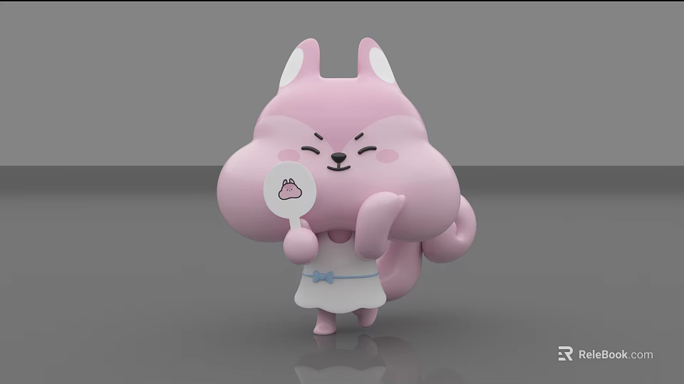 Cute Pink Fox Plush Doll Holding Cake Sign Wearing White Apron With Blue Bow 3d model 