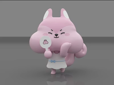 Cute Pink Fox Plush Doll Holding Cake Sign Wearing White Apron With Blue Bow 3d model