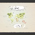 Cartoon World Map Scene With Green Landmasses Icebergs Small Boats And Blue Ocean