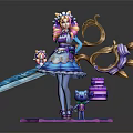 Colorful Haired Character In Blue Dress With Giant Scissors And Blue Cat Holding Cake