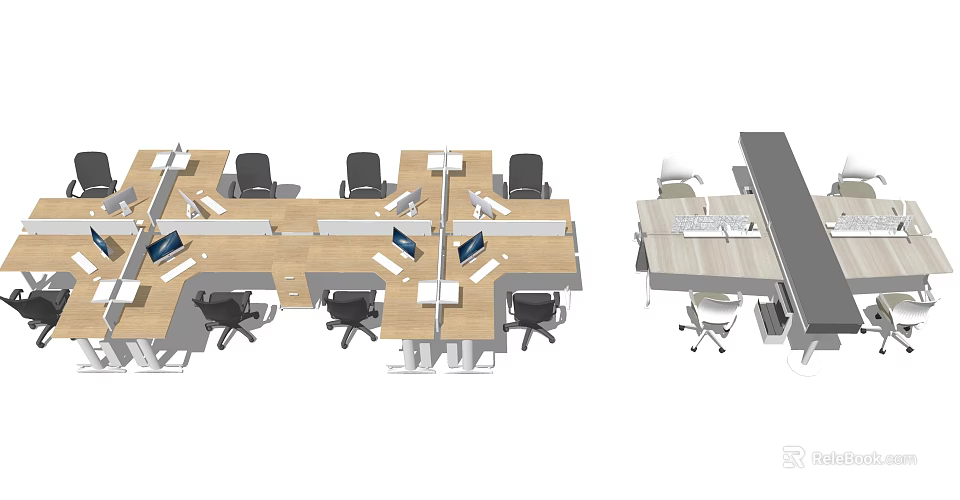 Modern Office Desk Layout With Workstations Computers And Ergonomic Chairs 3d model 
