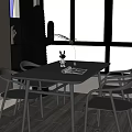 Stylish Black Dining Table Set With Chairs Green Plant And Window Blinds