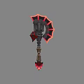 Black and Red Fantasy Weapon With Decorative Fan Shaped Top And Wooden Handle