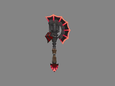 Black and Red Fantasy Weapon With Decorative Fan Shaped Top And Wooden Handle 3d model