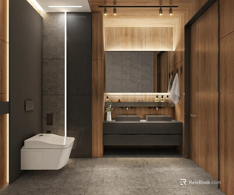 Modern Bathroom Interior With Wooden Accents Double Sinks Large Mirror And White Toilet 3d model 