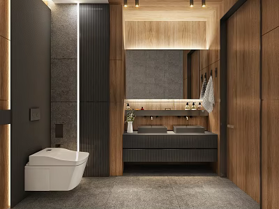 Modern Bathroom Interior With Wooden Accents Double Sinks Large Mirror And White Toilet 3d model