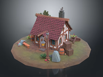 Charming Rural Cottage Landscape With Red Tiled Roof Chimney Bench Wooden Barrels And Small Flowers 3d model