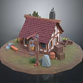 Charming Rural Cottage Landscape With Red Tiled Roof Chimney Bench Wooden Barrels And Small Flowers
