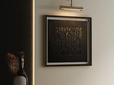 Abstract Painting Black And Gold Black Framed On Wall With Wall Lamp And Decorative Vase 3d model