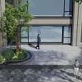 Modern Building Courtyard Landscape Design With Tree Shrubs Paved Ground And Pedestrians