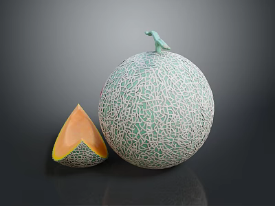 Fresh Whole Cantaloupe With Cracked Texture And Sliced Piece Showing Orange Flesh And Green Rind 3d model