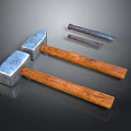 Hardware Tools Including Hammers With Metal Heads And Wooden Handles And Different Sizes Crowbars