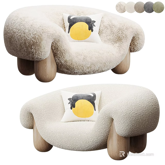 Fluffy Cream Colored Single Sofa with Wooden Legs and Yellow Circle Black Pattern Pillow 3d model 