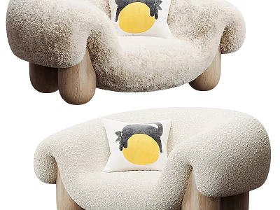 Fluffy Cream Colored Single Sofa with Wooden Legs and Yellow Circle Black Pattern Pillow 3d model
