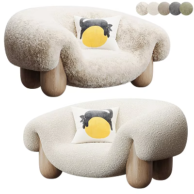 Fluffy Cream Colored Single Sofa with Wooden Legs and Yellow Circle Black Pattern Pillow 3d model