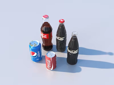 Beverages Including Coca-Cola And Pepsi Bottles With Different Sizes Colors Light Background 3d model