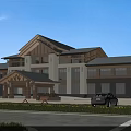 Traditional Modern Office Building With Pitched Roof Wooden Accents Large Windows And Lawn Area
