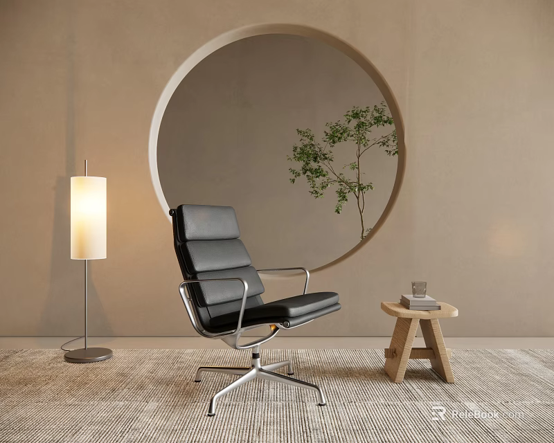Black Leather Leisure Chair With Round Mirror Floor Lamp And Wooden Stool On Soft Rug 3d model 