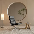 Black Leather Leisure Chair With Round Mirror Floor Lamp And Wooden Stool On Soft Rug