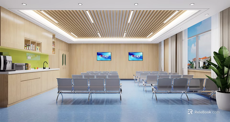 Spacious Waiting Room With Gray Chairs Wooden Walls TV Screens And Blue Flooring 3d model 