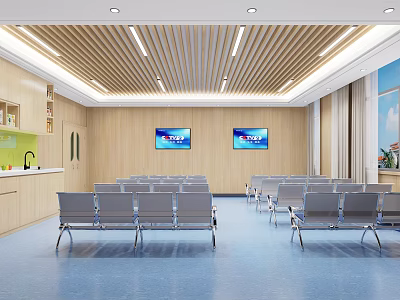 Spacious Waiting Room With Gray Chairs Wooden Walls TV Screens And Blue Flooring 3d model