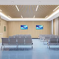 Spacious Waiting Room With Gray Chairs Wooden Walls TV Screens And Blue Flooring