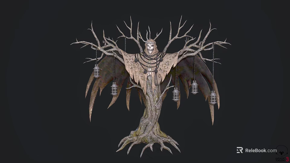 Decorative Ornament Set with Tree like Structure Owl Face Design Wing Decorations and Hanging Lanterns 3d model 