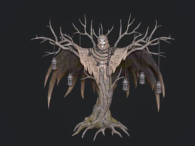 Decorative Ornament Set with Tree like Structure Owl Face Design Wing Decorations and Hanging Lanterns 3d model