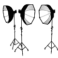 Three Photography Softboxes On Tripods For Professional Studio Lighting