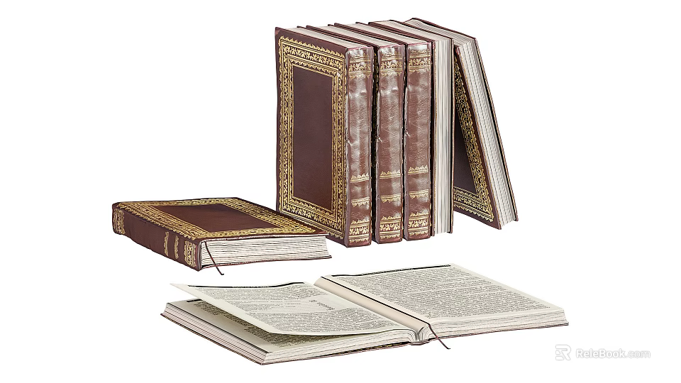 Vintage Leather Bound Books With Golden Decorative Covers And Open Pages 3d model 
