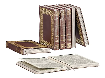 Vintage Leather Bound Books With Golden Decorative Covers And Open Pages 3d model