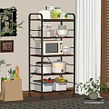 Multi tiered Rolling Shelf With Microwave Bowls Storage Boxes And Kitchen Items In Indoor Space