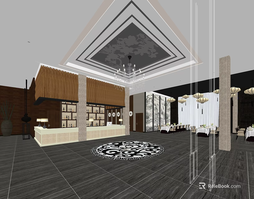 Modern Restaurant Lobby Interior With Chandeliers Reception Desk And Patterned Rug 3d model 