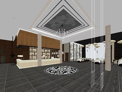 Modern Restaurant Lobby Interior With Chandeliers Reception Desk And Patterned Rug 3d model
