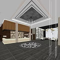 Modern Restaurant Lobby Interior With Chandeliers Reception Desk And Patterned Rug