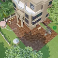 Detached Villa Beige Exterior Design With Large Windows Balconies Greenery Lawn And Outdoor Seating