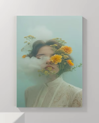 Female Portrait in White Lace Dress With Yellow Flowers Mist and Light Blue Background 3d model