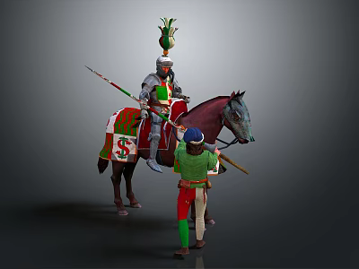 Medieval Knight in Decorative Armor Riding Horse with Squire Holding Lance 3d model