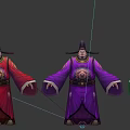 Three Men In Traditional Colorful Costumes With Red Purple Green Outfits And Hats