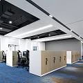 Modern Public Office Space With Open Workstations Computers White Partitions Blue Carpet And Ceiling Lights 3d model