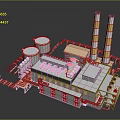 Industrial Factory Facility Featuring Cooling Towers Yellow White Chimneys And Piping Systems