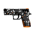 Modern Tactical Pistol with Black White Honeycomb Pattern and Orange Accents Textured Grip Design