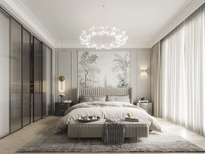 Modern Bedroom Interior With Bed Decorative Painting Chandelier Nightstands Area Rug And Curtains 3d model